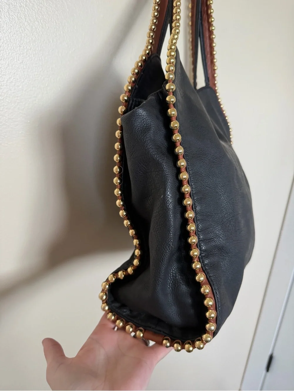 BIG BUDDHA Black Large Hobo Shoulder Bag with Cognac Brown Gold Bead Trim